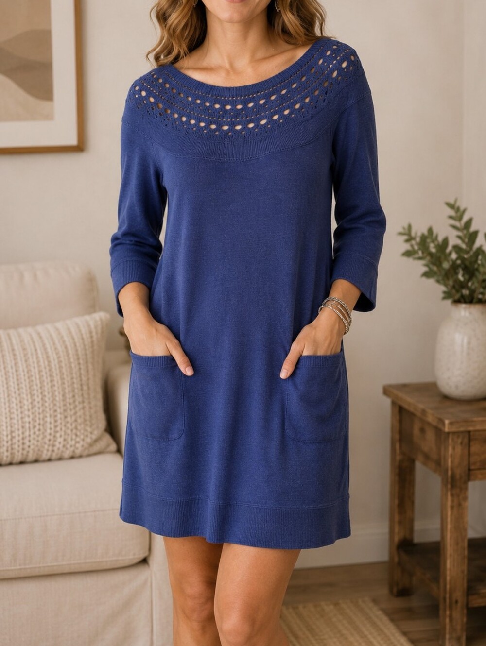 SOFT SURROUNDINGS | Women's Rustic Blue Eyelet Lace Collar Sweater Dress XS